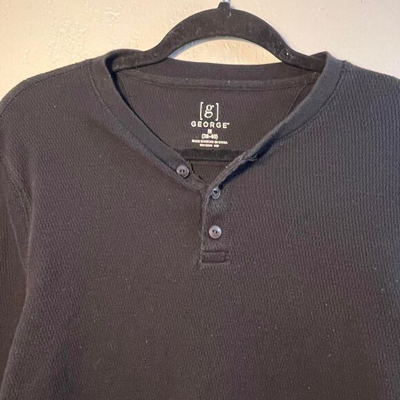 George Men's Black and Navy T-shirt Buttoned Collar  LongSleeve - Picture 5 of 7